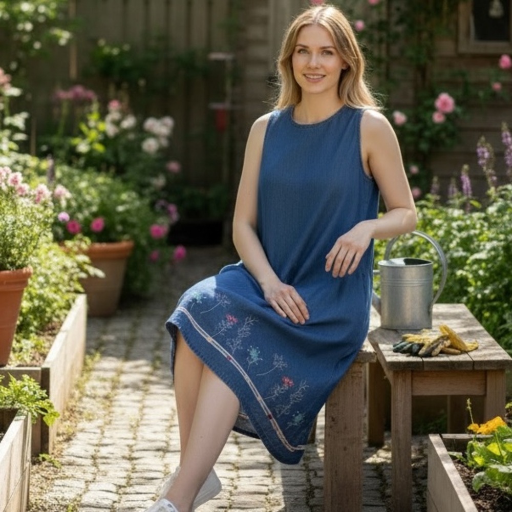 Vanity Fair Vintage Blue Denim Sleeveless Midi Dress Sz‎ 18 Floral Embroidery